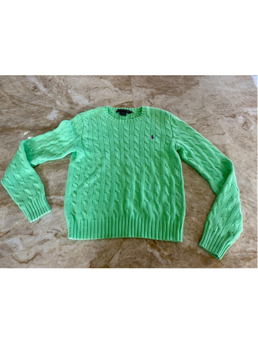 POLO Ralph Lauren Green Cable Knit Crew Neck Sweater M, no damage noted 90s